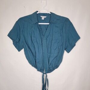 Athleta 100% Linen Teal Green SS Playa Drawstring Tie Top Women's Plus 1X